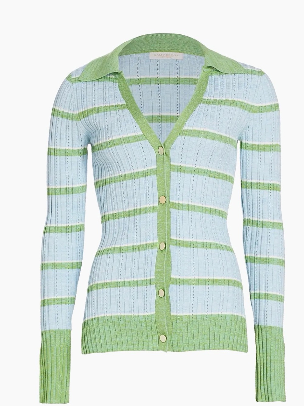 Ramy Brook Pastel Blue and Green Striped Ribbed Cardigan